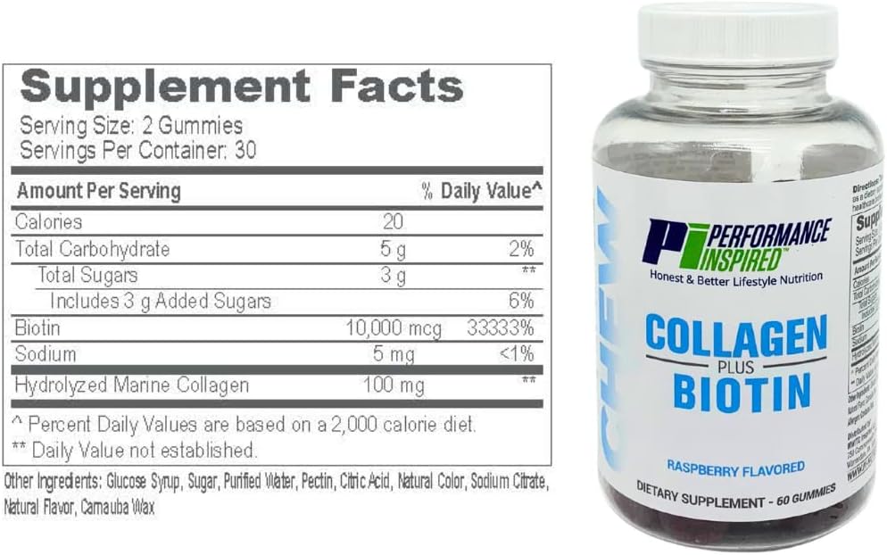 PERFORMANCE INSPIRED Nutrition Collagen + Biotin Gummies – Hydrolysed Marine Collagen – Supports Hair, Skin & Nails – Raspberry Flavour – 60 Count - görsel 7