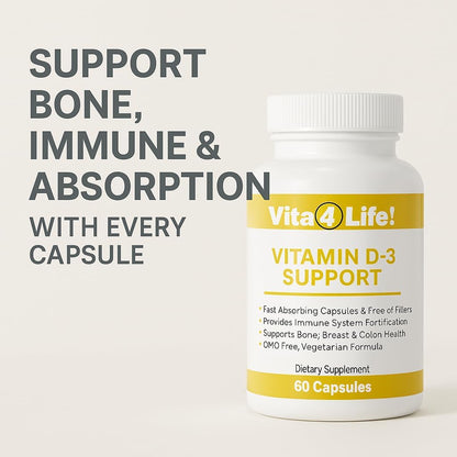 Vita4Life! Vitamin D3 with K2 & Magnesium - High Absorption, Immune & Bone Support - Non-GM, Vegetarian - 60 Capsules