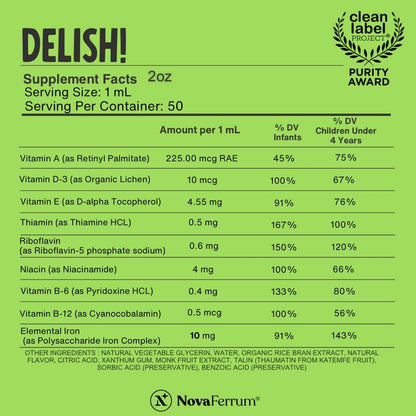 NovaFerrum Delish Vegan Multivitamin with Iron for Infants, Toddlers & Kids
