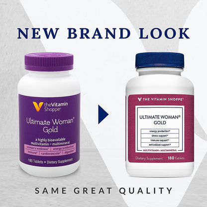 The Vitamin Shoppe Ultimate Woman’s Gold Multivitamin with Iron, B Vitamins & Vitamin D3, Women’s Daily Multivitamin for Energy Production, Bone & Immune Health Support, Gluten-free, 180 Tablets