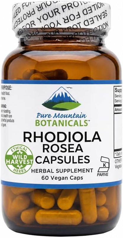 Pure Mountain Botanicals Rhodiola Rosea Supplement - 60 Capsules, 250mg - Standardised 3% Rosavins & 1% Salidroside - Vegan, – Image 1