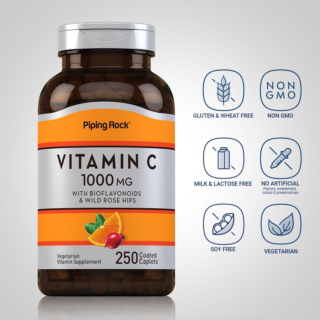 Piping Rock Vitamin C 1000mg with Bioflavonoids and Rose Hips, 250 Caplets - görsel 3