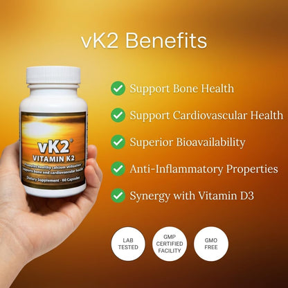 vK2 Vitamin K2 MK-4 & MK-7 – Bone and Heart Support – 60 Capsules