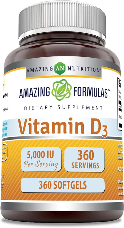 Amazing Formulae Vitamin D3 (Cholecalciferol) 5000 IU Supplement - Non-GMO, Gluten-Free - 360 Softgels