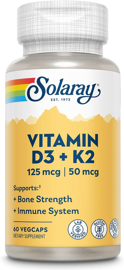 Solaray Vitamin D3 K2 – 5000 IU & 50 mcg Vitamin K2 MK-7, 120 Vegetarian Capsules