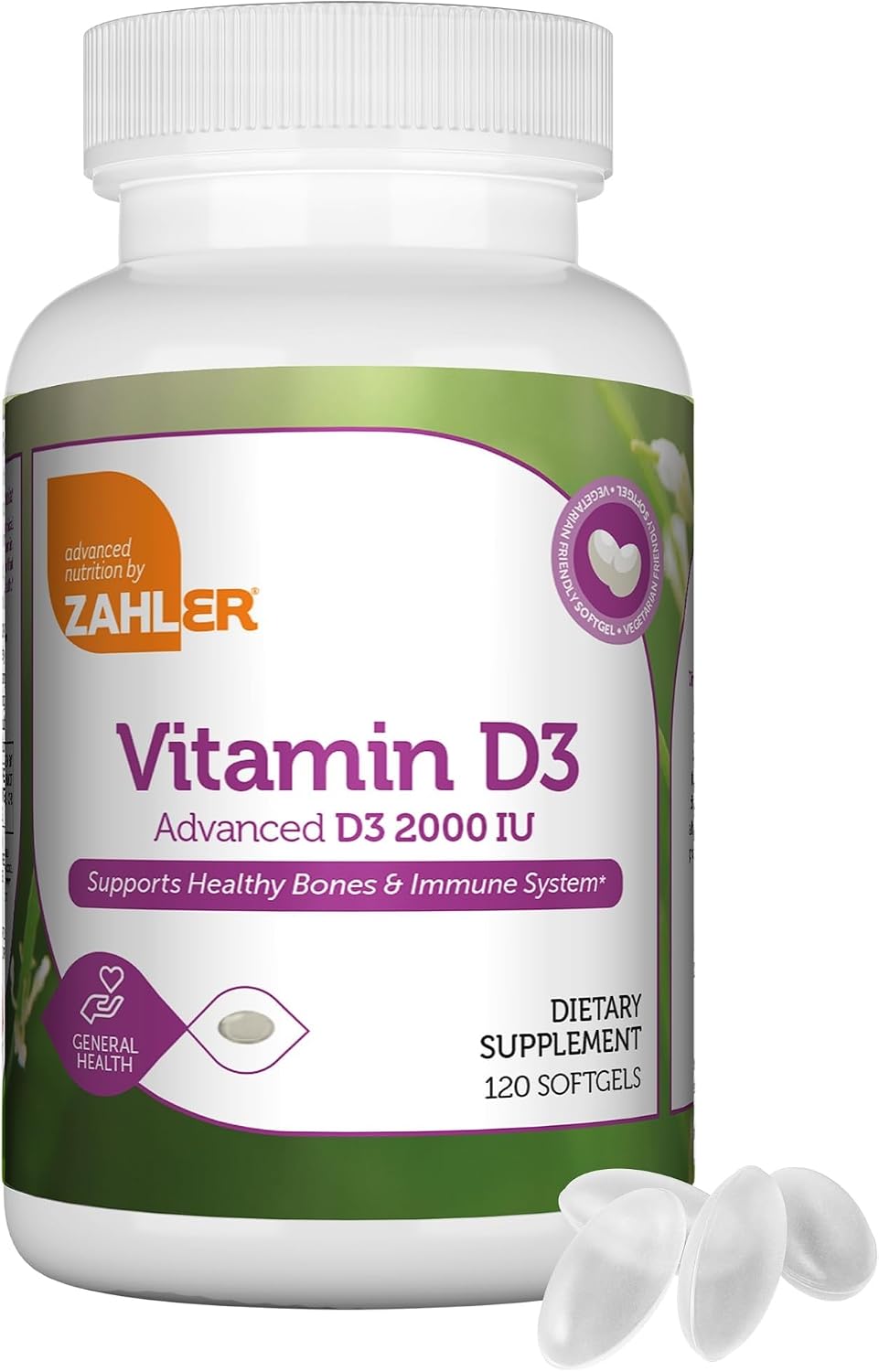 Zahler - Advanced Vitamin D3 2000 IU Softgels (120 Count) Kosher Vegetarian Friendly Vitamin D for Immune Support, Bone, Teeth and Muscle Health - Daily D3 Vitamin Supplement for Adults - Easy to Swallow - görsel 1
