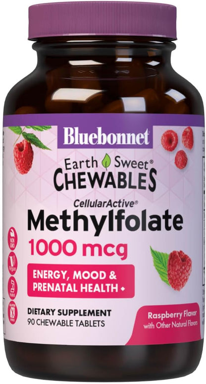 Bluebonnet EarthSweet Methylfolate 1000 mcg Cellular Active Coenzyme 5-MTHF L Methyl Folate Supplement – Prenatal & Energy Support – Non-GMO, Vegan, Gluten-Free – Raspberry – 90 Chewable Tablets