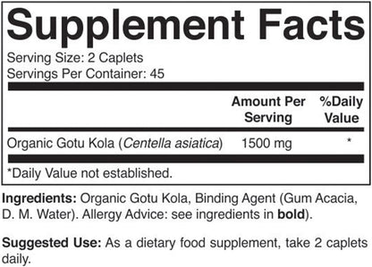 Brieofood Organic Gotu Kola 1500mg, 45 Servings, Vegetarian, Gluten-free, 90 Vegetarian Tablets