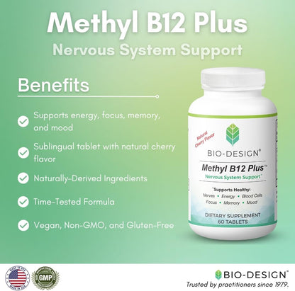 Methyl B12 5000 mcg Plus Folate Supplement - Methylcobalamin, L-Methylfolate - Methylated and Bio-available – Supports Normal Nervous System, Energy Metabolism and Psychological Function - 60 Tablets