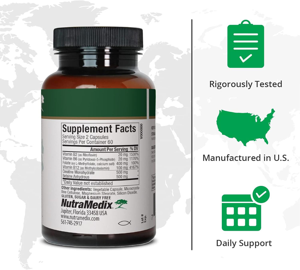 NutraMedix Methyl Complete – Complete Methylation and Energy Support Capsules – Vitamin B2, B6, B12 and Folate – with Creatine Monohydrate and Betaine Anhydrous (120 Count) - görsel 2