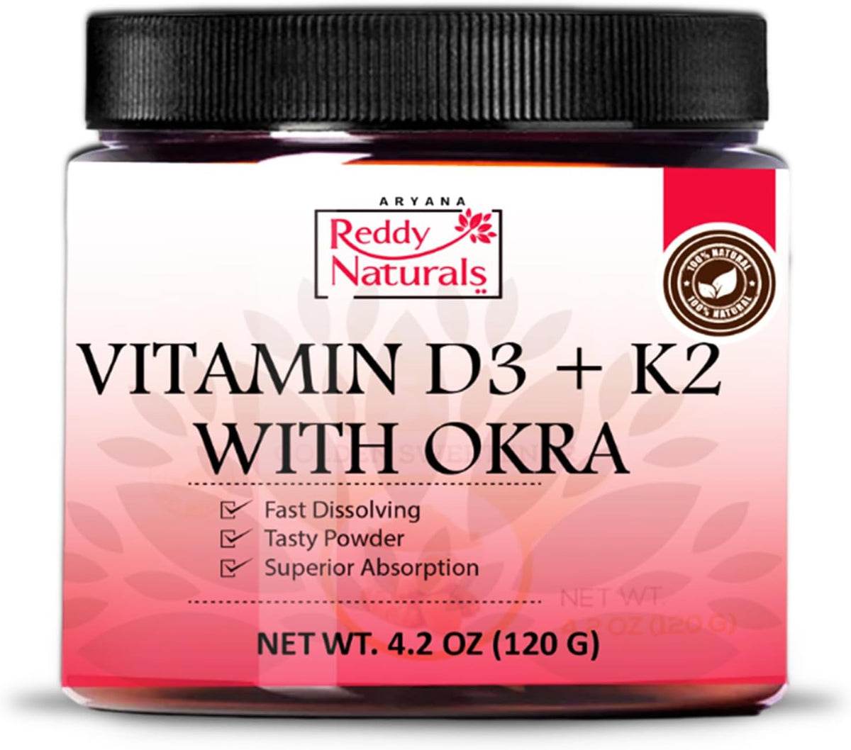 Reddy Naturals Vitamin D3 K2 MK7 Powder with Okra - 4000 IU + 100 mcg, 30 Servings - görsel 1