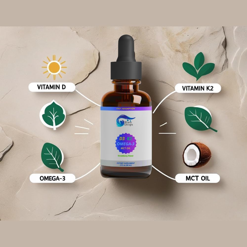 Wave Drops Vitamin D3 & K2 with MCT Oil & Omega 3 - Liquid Drops, Non-GMO, 60 ml - görsel 3