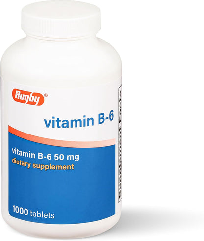 Rugby Vitamin B6 50mg Tablets, Gluten-Free Food Supplement for Adults - 1000 Count