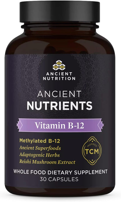 Ancient Nutrition Vitamin B12 Food Supplement – Methylated B12 with Adaptogenic Herbs, 30 Capsules