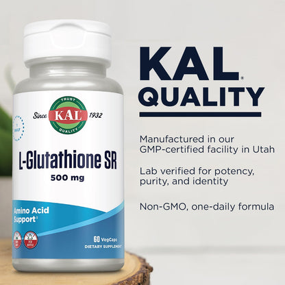 KAL L-Glutathione SR, Reduced Glutathione Supplement, High Absorption Antioxidant Supplement, Lab Verified, 60 VegCaps