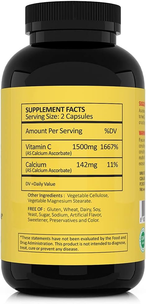 CGMLABS Non Acidic Vitamin C Food Supplement 1500mg with Calcium - Gentle on the Stomach, Immune & Bone Support (500 Capsules) - görsel 7