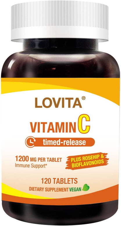 LOVITA Vitamin C 1000mg with Citrus Bioflavonoids & Rosehip, Timed Release Coating, High Strength 3-in-1 Formula, Immune Support, 120 Vegan Tablets