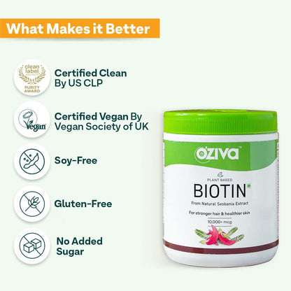 OZiva Plant-Based Biotin Powder 10,000mcg with Amla – Hair, Skin & Nails Support