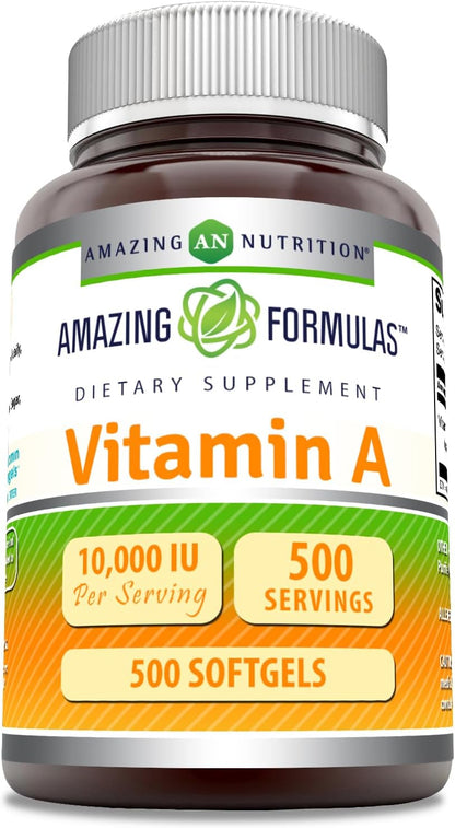 Amazing Formulae Vitamin A 10000 IU (3000 mcg) Soft gel capsules – Non-GMO, Gluten-free – 500 Count