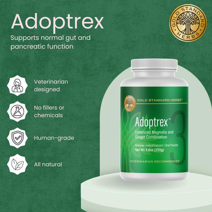 Adoptrex Gut and Pancreatic Function Support Supplement for Dogs by Gold Standard Herbs, All Natural Magnolia and Ginger Combination Powder (250 g)