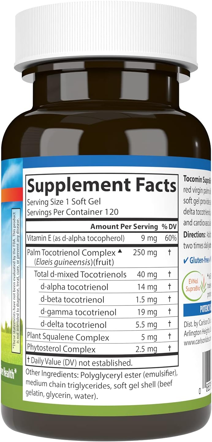 Carlson - Tocomin SupraBio, Full Spectrum Tocotrienol Complex, Non-GMO Tocotrienols, Alpha, Beta, Gamma, Delta, 120 Softgels - görsel 2