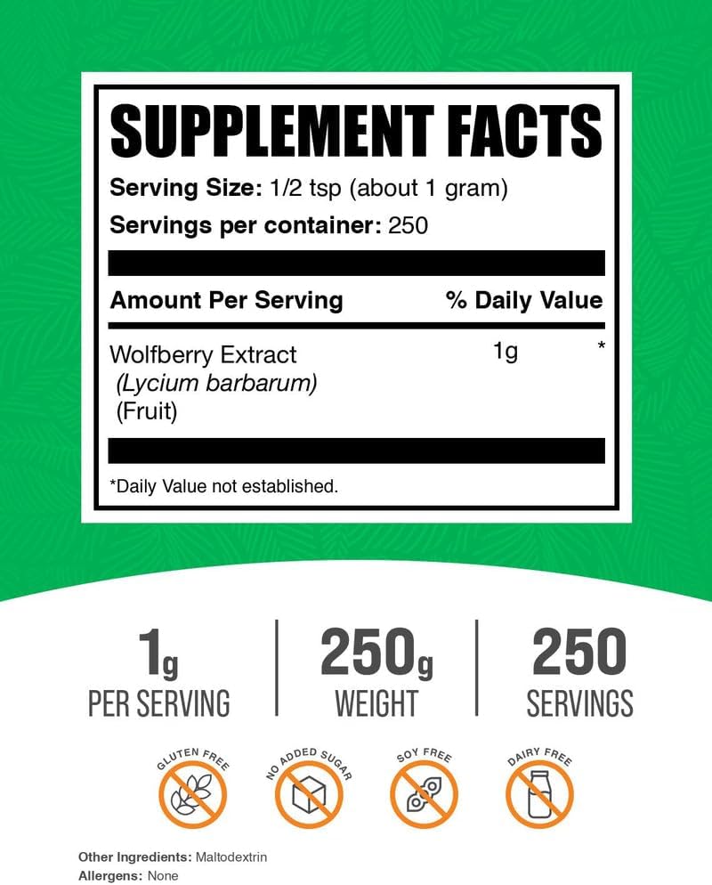 BulkSupplements Wolfberry Extract Powder – Goji Berries Supplement, Vegan & Gluten-free, 1g per Serving, 250g - görsel 2