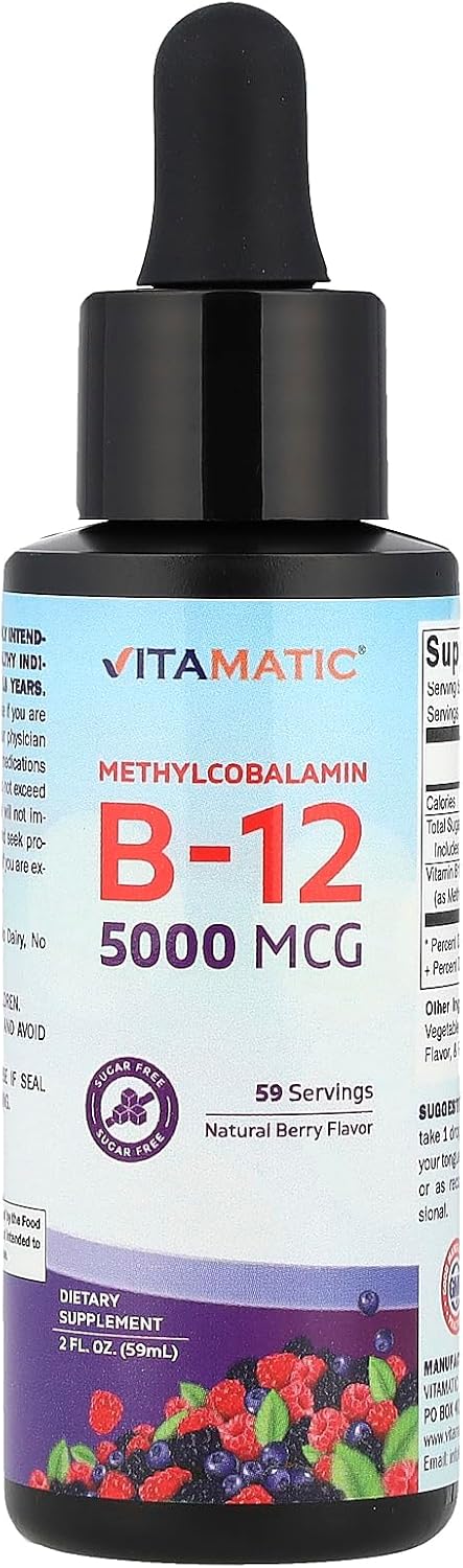 Vitamatic Fast-Acting Liquid Vitamin B12 – 5000 mcg Methylcobalamin – Natural Berry Flavour – Sublingual Formula – 60 ml - görsel 1