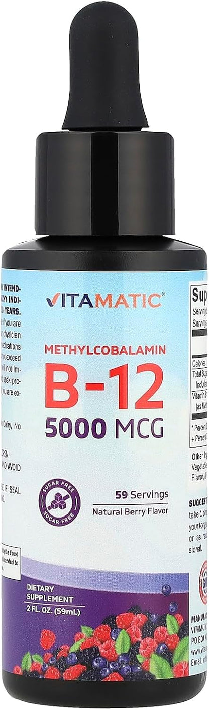 Vitamatic Fast-Acting Liquid Vitamin B12 – 5000 mcg Methylcobalamin – Natural Berry Flavour – Sublingual Formula – 60 ml