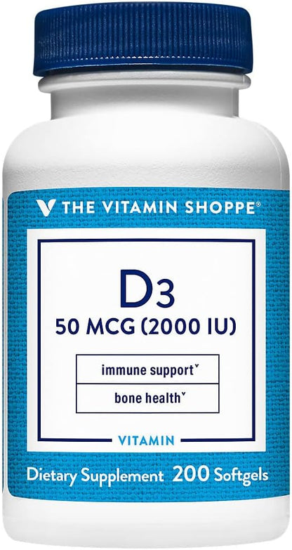 The Vitamin Shoppe Vitamin D3 2,000 IU - Bone Health, Immune Function and Calcium Absorption Support, Daily Vitamin (200 Softgels)
