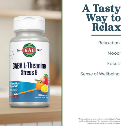 KAL GABA L-Theanine Stress B Lozenge - B Complex Vitamin Supplement for Stress Relief, Mood and Focus Support, Natural Mango Tangerine Flavour, Vegan, 100 Lozenges