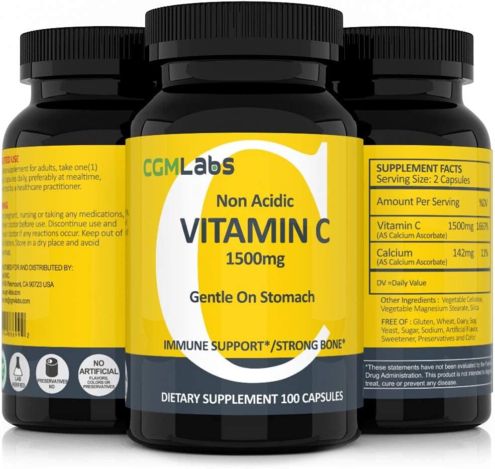 Non Acidic Vitamin C Food Supplement 1500mg with Calcium - Gentle on Stomach, Immune/Bone Support - 100 Caps by CGM Labs - görsel 7