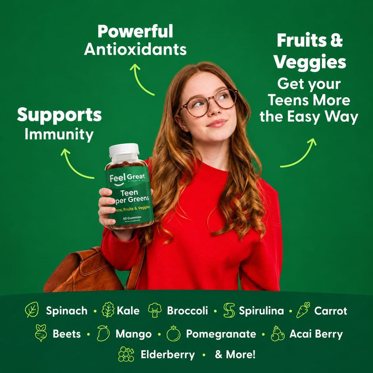 Feel Great Super Green Gummies Teen Vitamins - Vegan Veggie Gummy Multivitamin for Teenagers - 60 Count - görsel 4