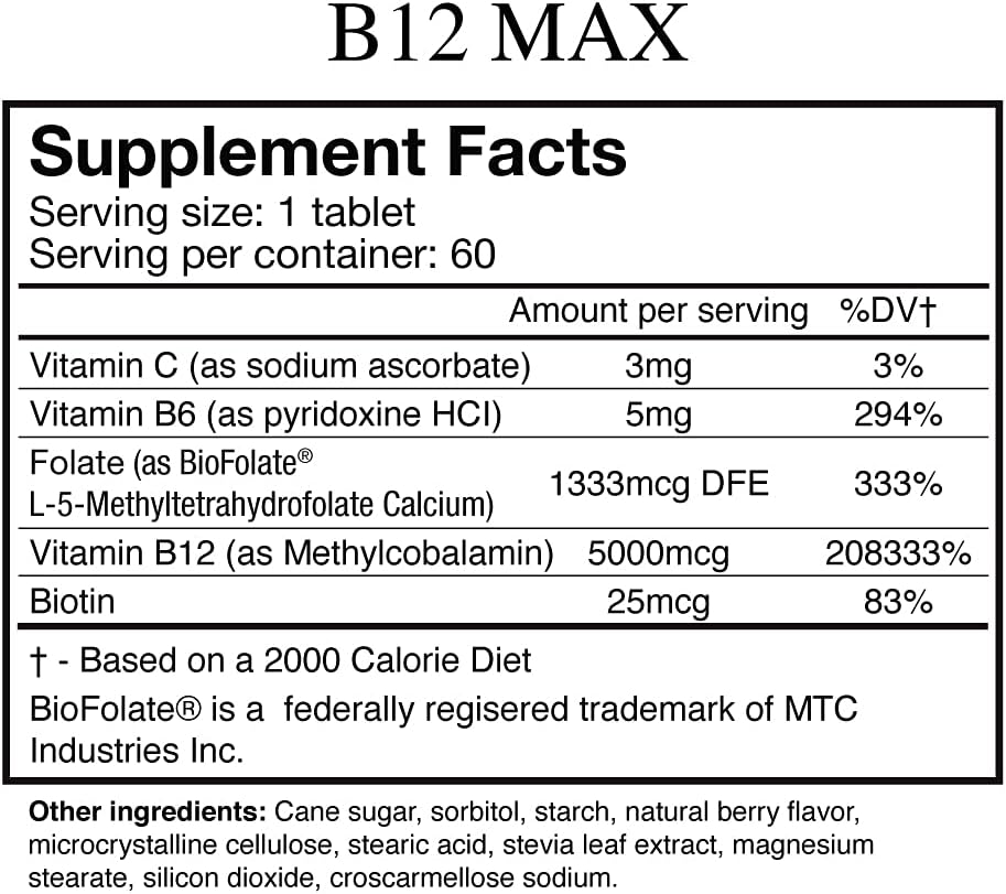 Wellgenix Bio-Available Sublingual B12 Max - High Absorption Multivitamin with B12, B6, Folate & Vitamin C - Fast Dissolve Tablets (60 tablets, 2 Pack) - görsel 4