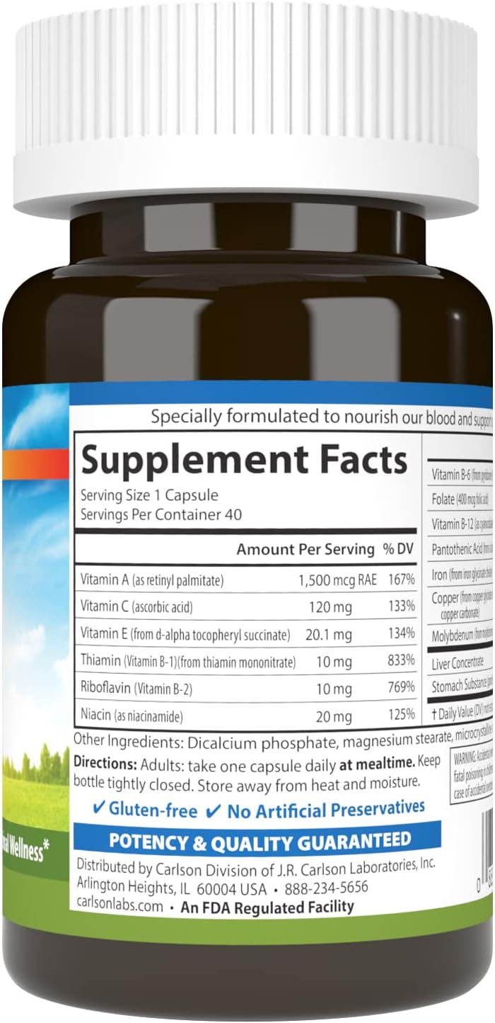 Carlson - Blood Nutrients, 28 mg Iron, Blood Health & Iron Absorption, 40 Capsules - görsel 2