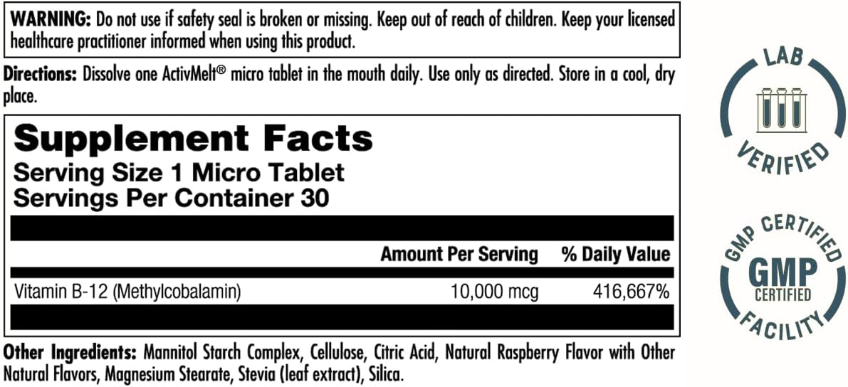 KAL Ultra B12 Methylcobalamin Sublingual Tablets - 10,000 mcg - Natural Raspberry Flavour - 30 Micro Tablets - görsel 2