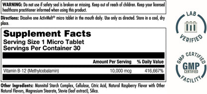 KAL Ultra B12 Methylcobalamin Sublingual Tablets - 10,000 mcg - Natural Raspberry Flavour - 30 Micro Tablets