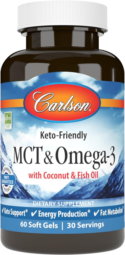 Carlson MCT & Omega-3 - Coconut Oil, Caprylic & Capric Acids, EPA & DHA, 60 Softgels