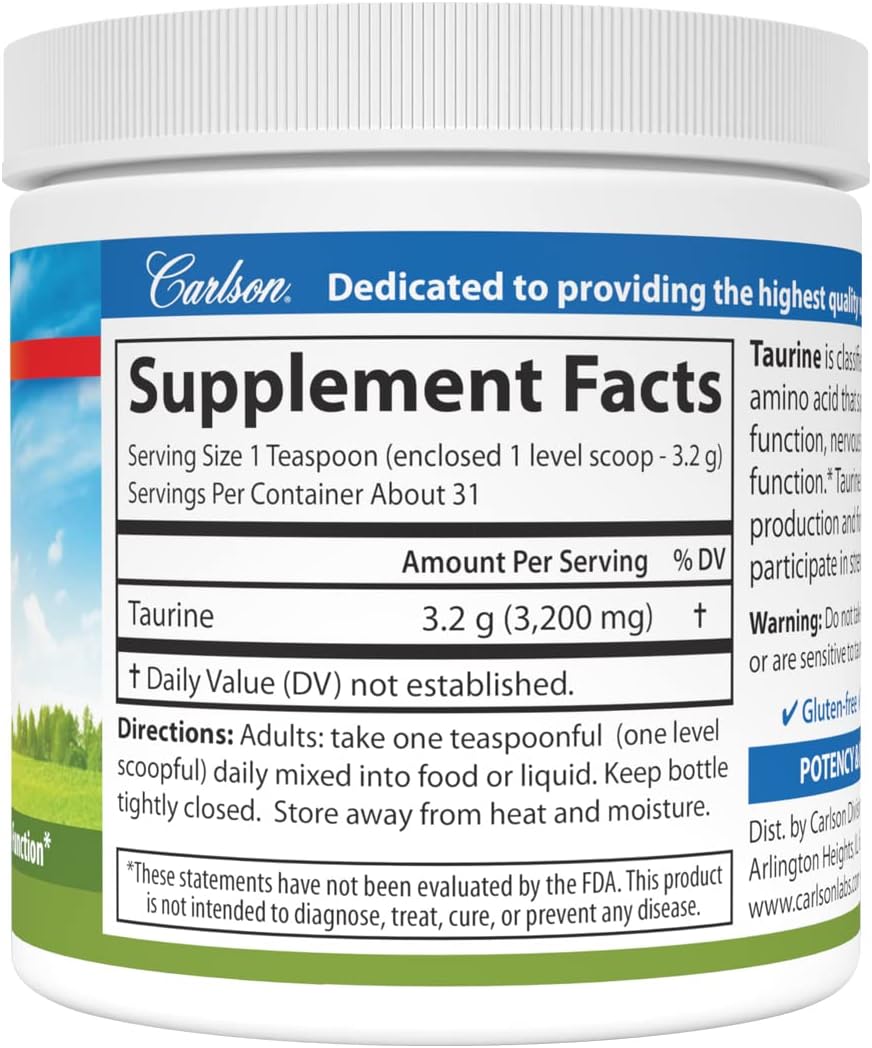 Carlson Taurine Powder, Free-Form Amino Acid, Supports Nerve and Muscle Function, 100 g - görsel 2