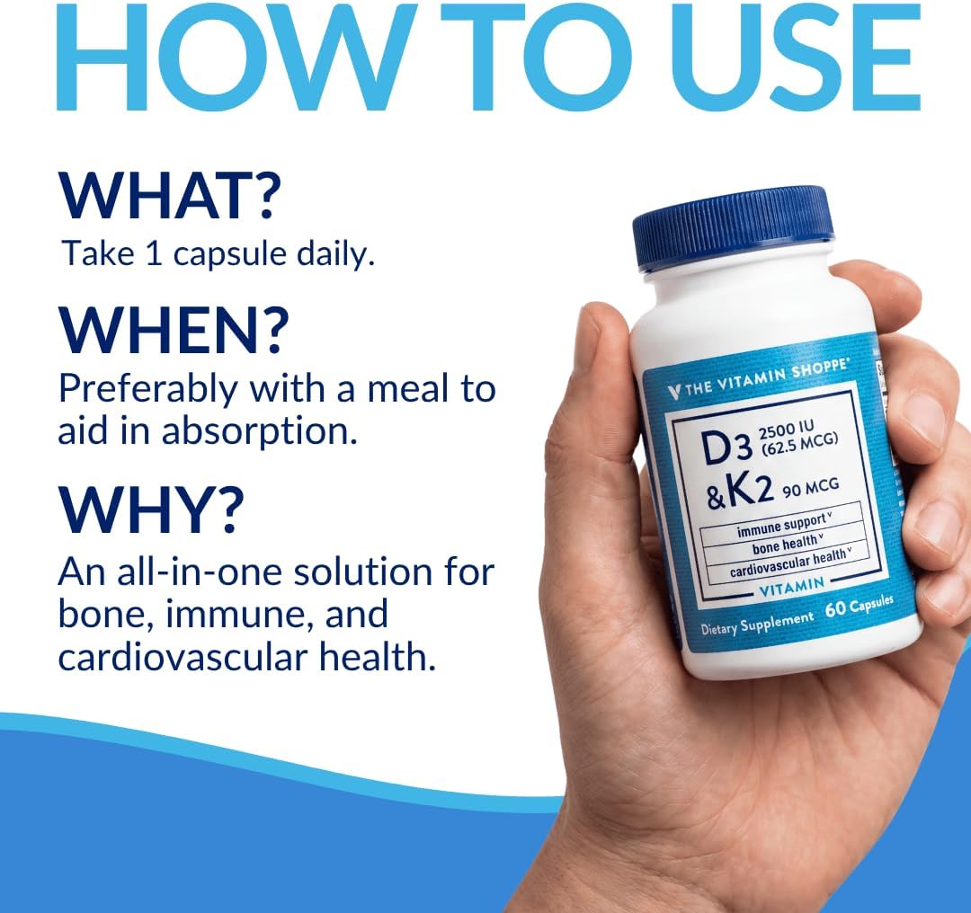 The Vitamin Shoppe Vitamin D3 2500 IU & K2 90 mcg with Calcium, D3 K2 MK7 Capsules for Bone Health, Immune Support & Cardiovascular Health, 60 Capsules - görsel 5