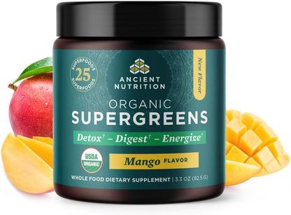 Ancient Nutrition SuperGreens Powder - Organic Mango Flavour, 12 Servings