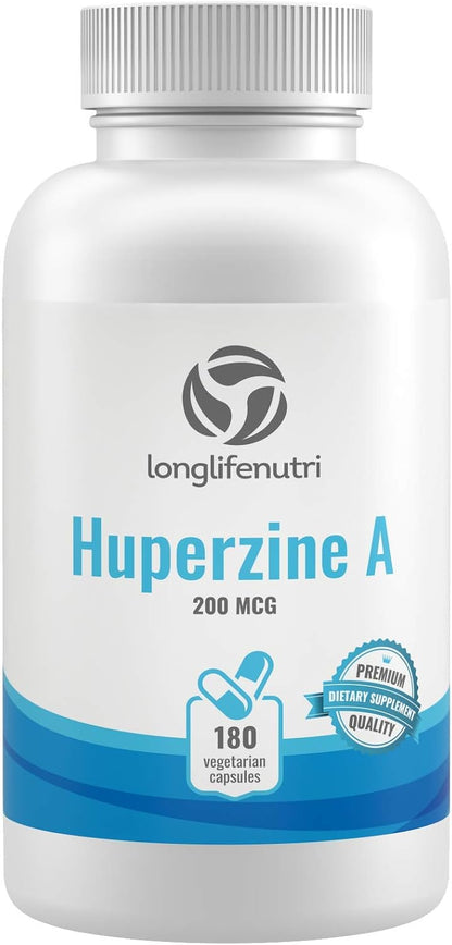 LongLifeNutri Huperzine A 200 mcg - Huperzia serrata Leaf Extract, 180 Vegetarian Capsules, Natural Nootropic for Concentration, Memory, and Clarity