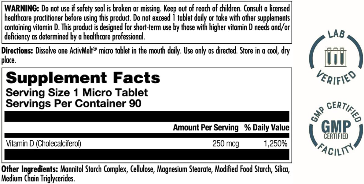 KAL Ultra Vitamin D3 10000 IU (250mcg) - High Potency Vitamin D - Immune Support and Calcium Absorption Support for Strong Bones - Quick Dissolve, Unflavoured ActivMelt - 90 Servings, 90 Micro Tablets - görsel 2