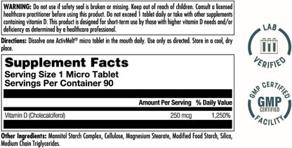 KAL Ultra Vitamin D3 10000 IU (250mcg) - High Potency Vitamin D - Immune Support and Calcium Absorption Support for Strong Bones - Quick Dissolve, Unflavoured ActivMelt - 90 Servings, 90 Micro Tablets