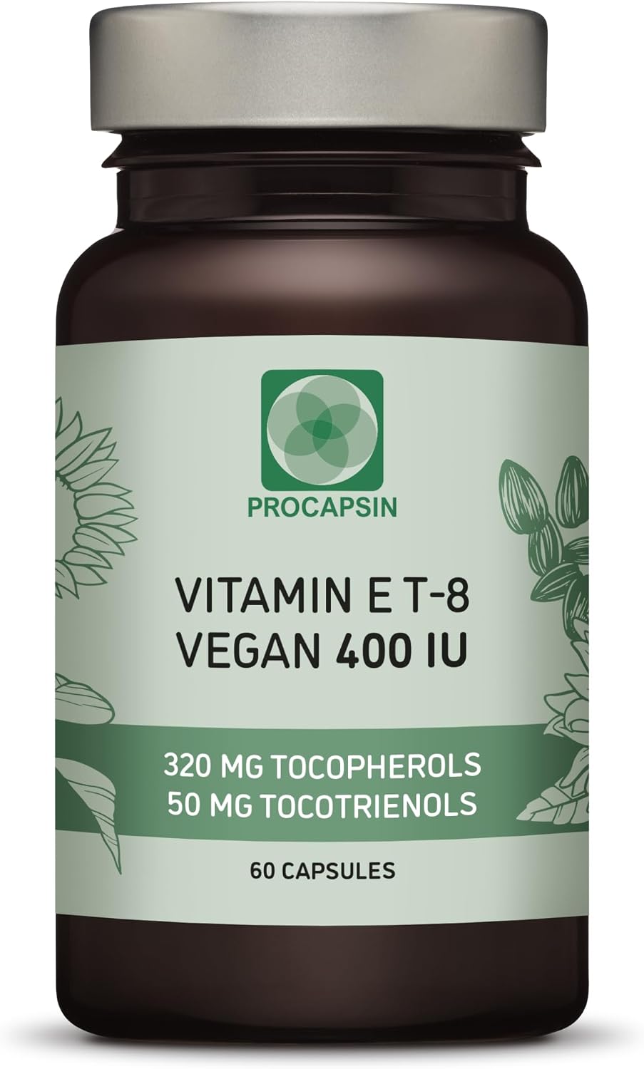 Procapsin Vitamin E Capsules 400 IU | All 8 Forms — Alpha Tocopherol, Mixed Tocopherols & Tocotrienols | Vegan Supplement | PAH-Free | 60 Capsules - görsel 1