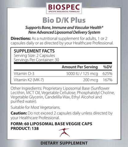 Bio D/K Plus - Vitamin D3 with K2 (MK-7) - 5000 IU D3 and 200 mcg K2 - Liposomal Base - 60 Capsules