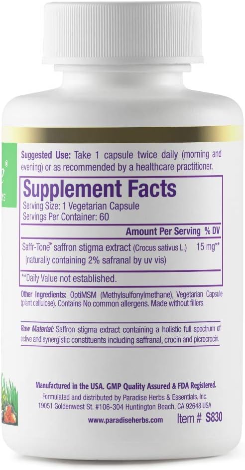 Paradise Herbs Saffr-Tone: Active Whole Spectrum Saffron Extract - Super Potent - Vegan & Non-GMO - 60 Veg Caps - görsel 7