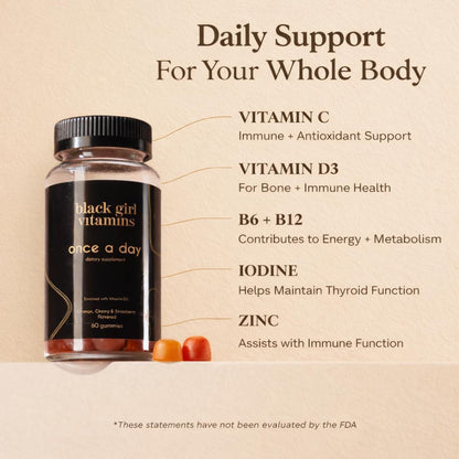 Black Girl Vitamins Once a Day – Women's Multivitamin Gummy – Vitamin A, B, C, E, Zinc – Immune Support – Vegan, Gluten-free – 60 Day Supply (Strawberry)