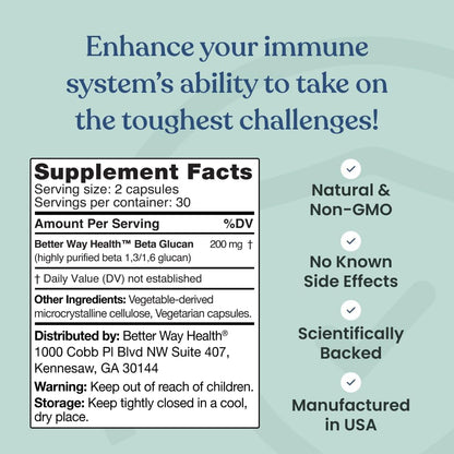 Better Way Health Beta Glucan 100: Highly Purified 1,3/1,6 Beta Glucan for Immune Support (100mg, 60 Capsules)