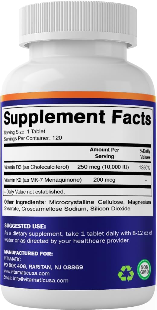 Vitamatic Vitamin D3 K2 Supplements with 10,000 IU Vitamin D + 200mcg Vitamin K MK-7, 120 Tablets Bone, Heart, Immune, & Calcium Support - görsel 8