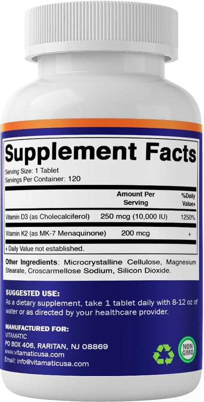 Vitamatic Vitamin D3 K2 Supplements with 10,000 IU Vitamin D + 200mcg Vitamin K MK-7, 120 Tablets Bone, Heart, Immune, & Calcium Support
